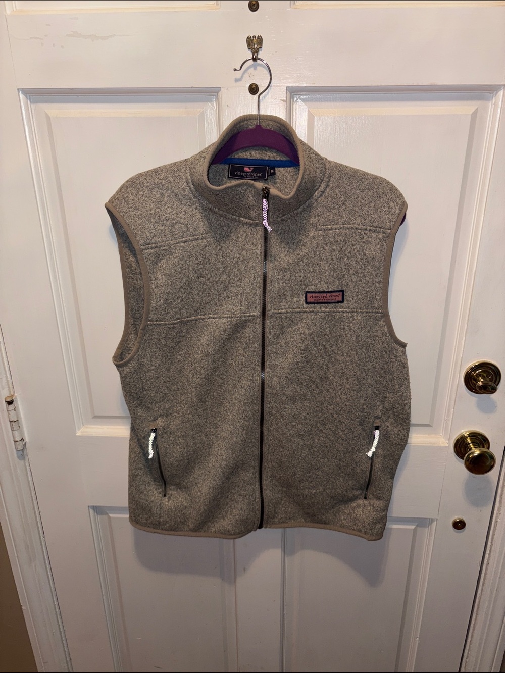 Vineyard Vines Men's Gray Fleece Vest with Purple Trim